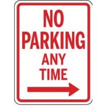 No Parking Any Time sign with a red border and text.