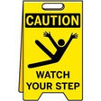 Caution sign with a person falling and 'Watch Your Step' text on a yellow background