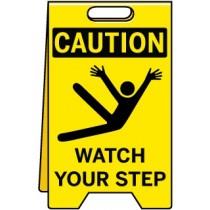 Caution sign with a person falling and 'Watch Your Step' text on a yellow background