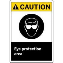 Safety sign with 'Caution' and 'Eye protection area' text on a white background