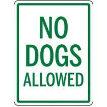 No Dogs Allowed sign with green text on a white background