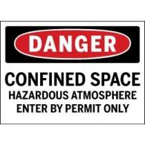 Danger sign warning about a hazardous atmosphere in a confined space, requiring entry by permit only.