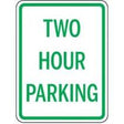 Two hour parking sign with green border and text on a white background