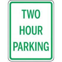 Two hour parking sign with green border and text on a white background