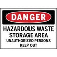 Dangerous waste storage area sign with red border and black text.
