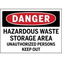 Dangerous waste storage area sign with red border and black text.