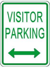 Visitor parking sign with green text and arrows on a white background