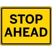 Yellow traffic sign with 'STOP AHEAD' text