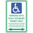 Handicap parking sign with text 'Parking with D.M.V. Disabled Permit Only' on a white background.