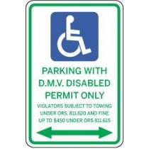 Handicap parking sign with text 'Parking with D.M.V. Disabled Permit Only' on a white background.