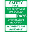 Safety sign with text about accident-free days in a green and white color scheme.