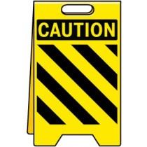 Yellow caution sign with black text and diagonal stripes