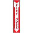 Fire hose safety sign, red on white, 18x4 inches