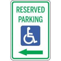Handicap reserved parking sign with an arrow pointing left.