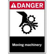 Safety sign warning about moving machinery with a gear and warning symbol.