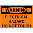 Warning sign indicating electrical hazard and advising not to touch on an orange background