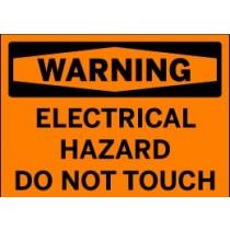 Warning sign indicating electrical hazard and advising not to touch on an orange background