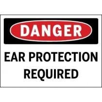 Danger sign with 'Ear Protection Required' text on a white background