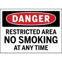 No smoking sign with 'Danger' and 'Restricted Area' text on a white background