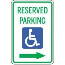 Handicap reserved parking sign with an arrow pointing right.