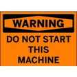 Warning sign on an orange background with black text.