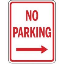 No Parking sign with an arrow pointing right on a white background