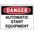 Dangerous automatic start equipment sign with red border and black text.