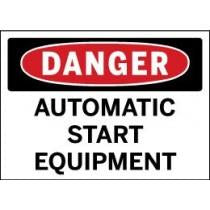 Dangerous automatic start equipment sign with red border and black text.
