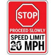 Traffic sign with stop symbol and speed limit information on a white background