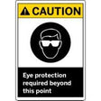 Safety sign with a warning symbol and text about eye protection.