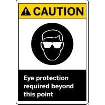 Safety sign with a warning symbol and text about eye protection.