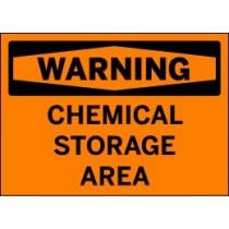 Warning sign for chemical storage area on an orange background