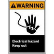 Warning sign with hand icon and text 'Electrical hazard Keep out' on a white background