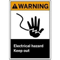 Warning sign with hand icon and text 'Electrical hazard Keep out' on a white background