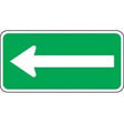 Green traffic sign with a white arrow pointing to the left on a white background