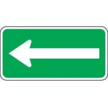 Green traffic sign with a white arrow pointing to the left on a white background