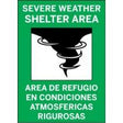 Sign indicating a severe weather shelter area with a graphic of a storm cloud.