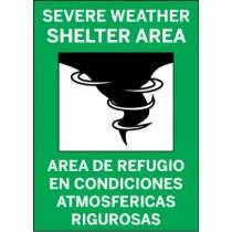 Sign indicating a severe weather shelter area with a graphic of a storm cloud.