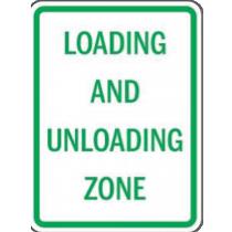 Sign indicating a loading and unloading zone with green text on a white background