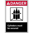 Safety sign with 'DANGER' and 'Cylinders must be secured' text and pictogram.