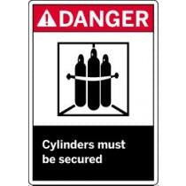 Safety sign with 'DANGER' and 'Cylinders must be secured' text and pictogram.