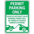 Green parking sign with white text and a car illustration, indicating permit parking only.