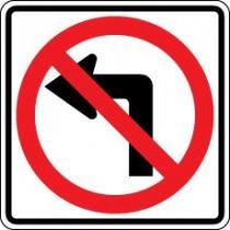 No left turn traffic sign with a red circle and line over a black arrow.