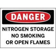Safety sign warning about nitrogen storage with no smoking or open flames.