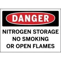 Safety sign warning about nitrogen storage with no smoking or open flames.