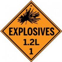 Explosives warning sign with text 'EXPLOSIVES 1.2L 1' on a white background