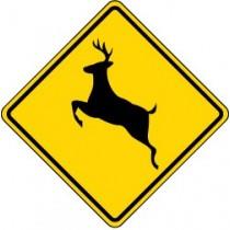 Yellow warning sign with black silhouette of a deer on a white background