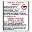 Prohibition sign for open carry of handguns with text and symbols in English and Spanish.