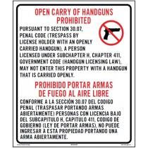 Prohibition sign for open carry of handguns with text and symbols in English and Spanish.