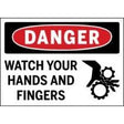 Safety sign warning about hazards to hands and fingers with a gear icon.